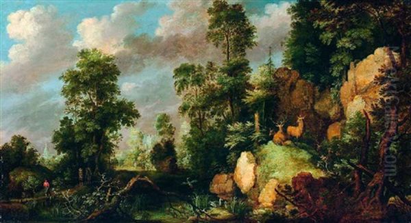 Wilde Waldlandschaft Mit Verwachsenen Alten Stammen, Wildem Wurzelwerk Und Auf Einer Anhohe Zwei Hirschen - view 1