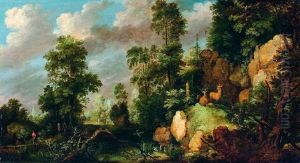 Wilde Waldlandschaft Mit Verwachsenen Alten Stammen, Wildem Wurzelwerk Und Auf Einer Anhohe Zwei Hirschen Wilde Waldlandschaft Mit Verwachsenen Alten Stammen, Wildem Wurzelwerk Und Auf Einer Anhohe Zwei Hirschen