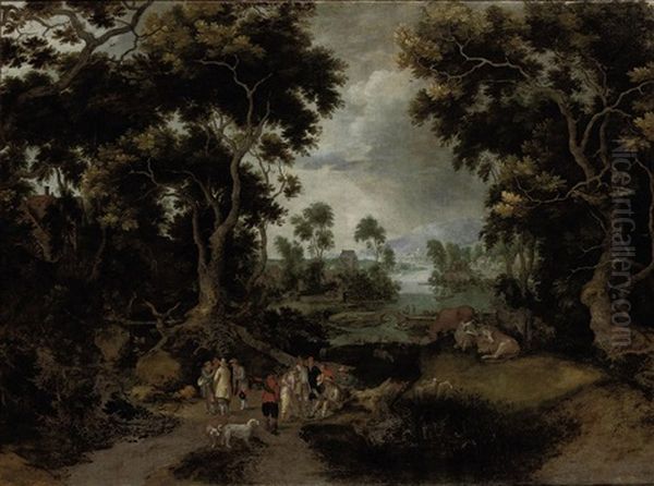 A Wooded River Landscape With Figures Conversing On A Path, A Village Beyond - view 1