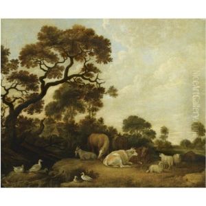 Horses, Cows, A Goat And Sheep In A Wooded Landscape, Near A Pond With Ducks by Gillis Claesz De Hondecoeter