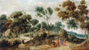 Bewaldete Landschaft Mit Hausern, Einem Turm Und Christus Mit Pharisaern Diskutierend