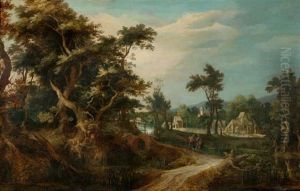 Bewaldete Landschaft Mit Dorf Und Zwei Wanderern