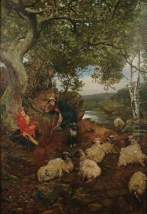 Jester And Shepherd With Flock By A River