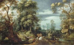 A Wooded Landscape With Peasants, Shepherds And Animals On A Path By A Bridge, A Village In The Distance by Gillis Claesz De Hondecoeter
