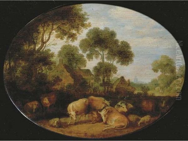 Cows And Sheep Resting In A Wooded Landscape Near Farmhouses, A Church Tower In The Distance - view 1