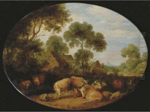 Cows And Sheep Resting In A Wooded Landscape Near Farmhouses, A Church Tower In The Distance thumbnail