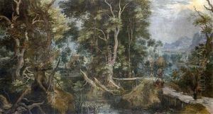 Bewaldete Landschaft Mit Figurenstaffage by Gillis Claesz De Hondecoeter