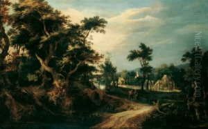 Bewaldete Landschaft Mit Einem Dorf Und Zwei Wanderern