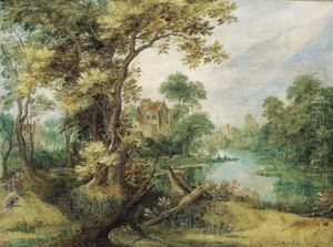 Bewaldete Flusslandschaft Mit Einem Jager Mit Zwei Hunden Und Bootfahrern Bewaldete Flusslandschaft Mit Einem Jager Mit Zwei Hunden Und Bootfahrern