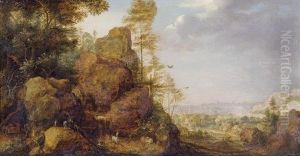A Mountainous Landscape With A Rocky Outcrop By The Edge Of A Wood, Goats And A Reindeer Resting By A Waterfall, A Village In An Extensive Landscape Beyond