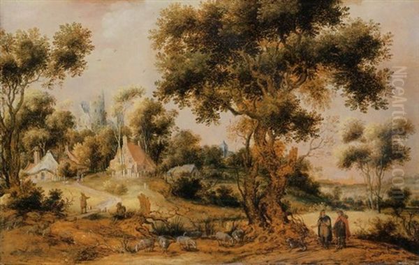 A Wooded Landscape With Travellers On A Path Approaching A Village - view 1