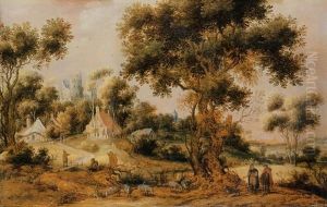 A Wooded Landscape With Travellers On A Path Approaching A Village by Gillis Claesz De Hondecoeter