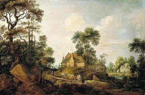 A Rocky Landscape With Cattle And Figures On A Path, A Riverside Village Beyond