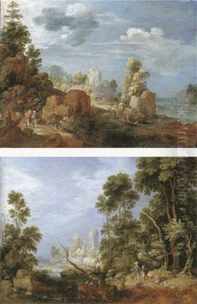 A Wooded River Landscape With Travellers And A Dog On A Path, Cattle By A Ford Beyond - view 1