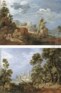 A Wooded River Landscape With Travellers And A Dog On A Path, Cattle By A Ford Beyond by Gillis Claesz De Hondecoeter