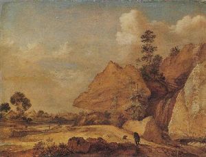 Rocky Landscape With A Solitary Traveller And His Dog Near A Waterfall Rocky Landscape With A Solitary Traveller And His Dog Near A Waterfall