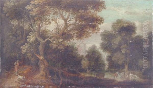 Wooded River Landscape With Traveller And Dog On Path, Cattle Watering And Figures Resting. A Church Beyond - view 1