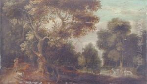 Wooded River Landscape With Traveller And Dog On Path, Cattle Watering And Figures Resting. A Church Beyond by Gillis Claesz De Hondecoeter