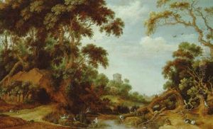 A Wooded Landscape With Animals And A Ruined Tower, A Town Beyond by Gillis Claesz De Hondecoeter