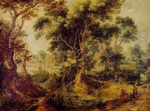 Paysage Fluvial Boise Anime De Villageois Et Chasseur by Gillis Claesz De Hondecoeter