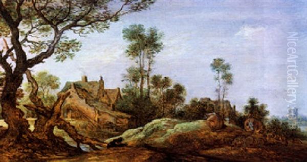 Landschaft Mit Hof, Links Ein Knorriger, Alter Baum Und Ein Hund, Der Eine Herde Von Kuhen Bewacht - view 1