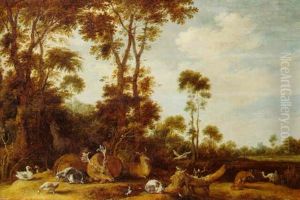 Deer, A Goat,a Cat, A Fox, And Birds In A Wooded Landscape