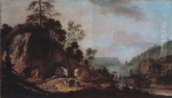 Rocky River Landscape With Herders And Their Cattle Resting - view 1