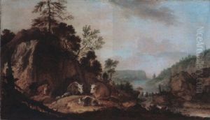 Rocky River Landscape With Herders And Their Cattle Resting