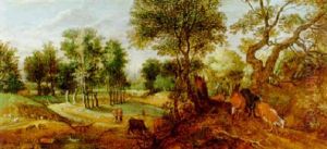 Sommerlandschaft Mit Reisenden, Schafen Und Kuhen Sommerlandschaft Mit Reisenden, Schafen Und Kuhen