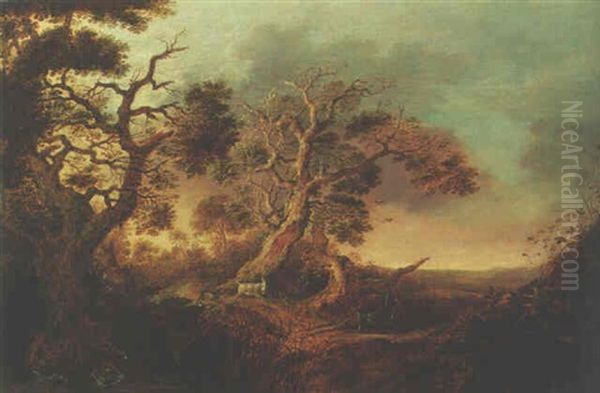 A Wooded Landscape With Deer And A Goat Gambolling, Ducks On A Pond Nearby - view 1