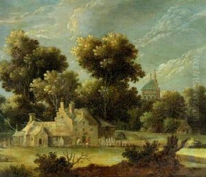 A Rural Landscape With Figures Outside A Tavern