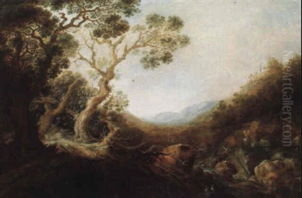 Paysage De Riviere Dans Des Montagnes Avec Deux Cerfs - view 1