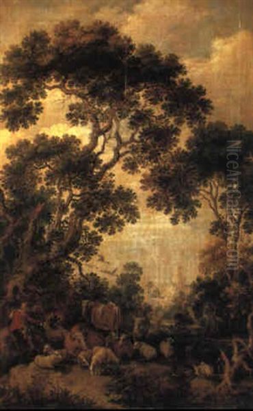 Shepherd With Herd In Wooded Landscape - view 1