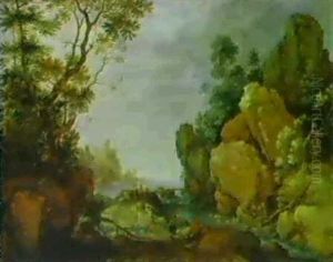 Rocky River Landscape With Figures On A Road by Gillis Claesz De Hondecoeter