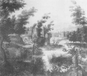 An Extensive Landscape With A Fortified Manor House By A Rocky Waterfall An Extensive Landscape With A Fortified Manor House By A Rocky Waterfall