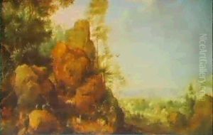 A Mountainous Landscape With A Rocky Outcrop By The Edge Of A Wood, Goats And A Reindeer Resting By A Waterfall,... by Gillis Claesz De Hondecoeter