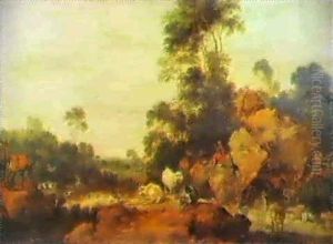 Elijah At Prayer In The Wilderness With Deer Goats And Duck And A Heron By A Rocky Torrent