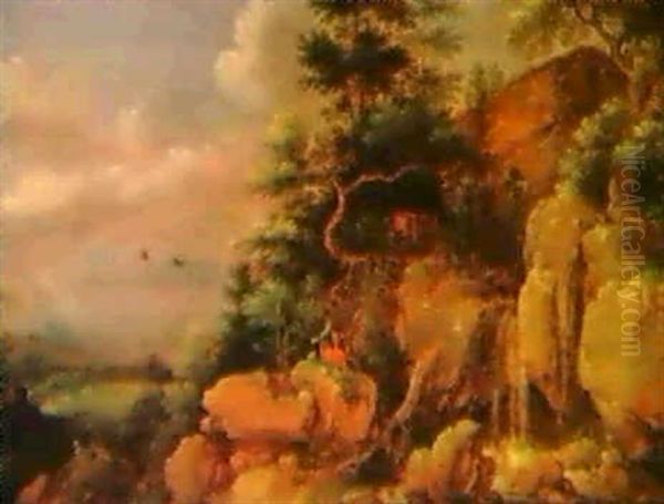 Gebirgslandschaft Mit Einem Wasserfall Und Dem Propheten    Elias Mit Den Raben - view 1