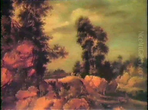 An Extensive Wooded Landscape With Stags And Other Animals In The Foreground - view 1