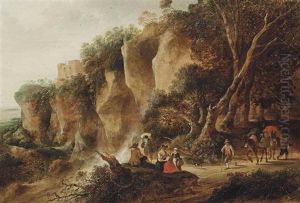 A Wooded Landscape With Travellers On A Path by Gysbert Gillisz de Hondecoeter