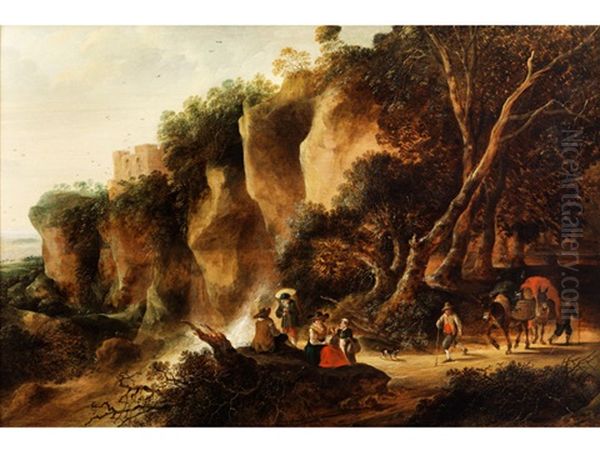 Felsige Landschaft Mit Wasserfall, Einer Rastenden Gruppe Und Zwei Ziehenden Bauern - view 1