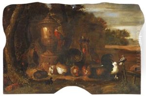 Geflugelhof Mit Kaninchen Und Papagei Vor Abendlicher Landschaft