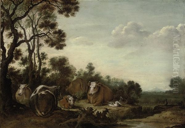 A Wooded Landscape With Cattle Grazing On A Bank - view 1