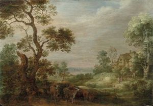 A Wooded Landscape With A Herdsman And His Herd, A Cottage Beyond by Gysbert Gillisz de Hondecoeter