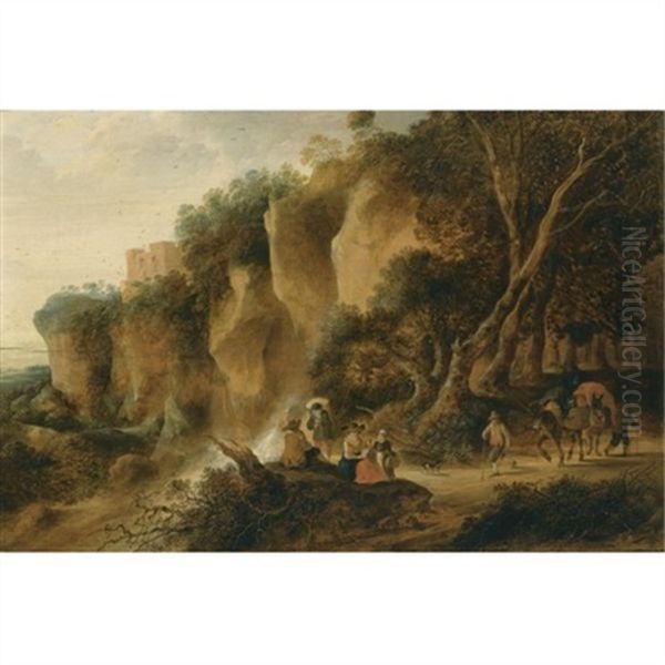 A Rocky Wooded Landscape With Travellers And Their Donkeys On A Path - view 1