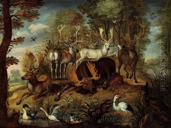 Darstellung Verschiedener Tierarten Darunter Elch, Dammhirsch Europaischer Rothirsch, Karibeau, Eisvogel, Kranich Und Hirschkafer - view 1