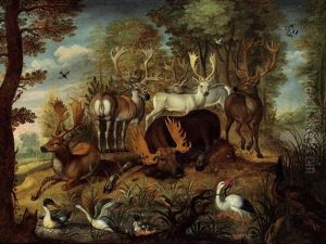 Darstellung Verschiedener Tierarten Darunter Elch, Dammhirsch Europaischer Rothirsch, Karibeau, Eisvogel, Kranich Und Hirschkafer