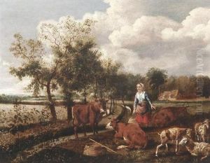 Bauerin Mit Kuhen Und Schafen An Einem Kanal by Gysbert Gillisz de Hondecoeter
