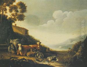 A Herd Of Cows, Goats And Sheep Near A Pond, Mountains Beyond by Gysbert Gillisz de Hondecoeter