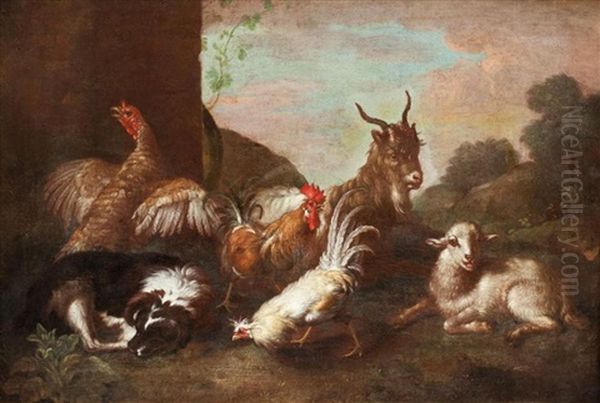 Poultry, A Goat And A Sheep In A Farmyard With A Landscape Beyond - view 1